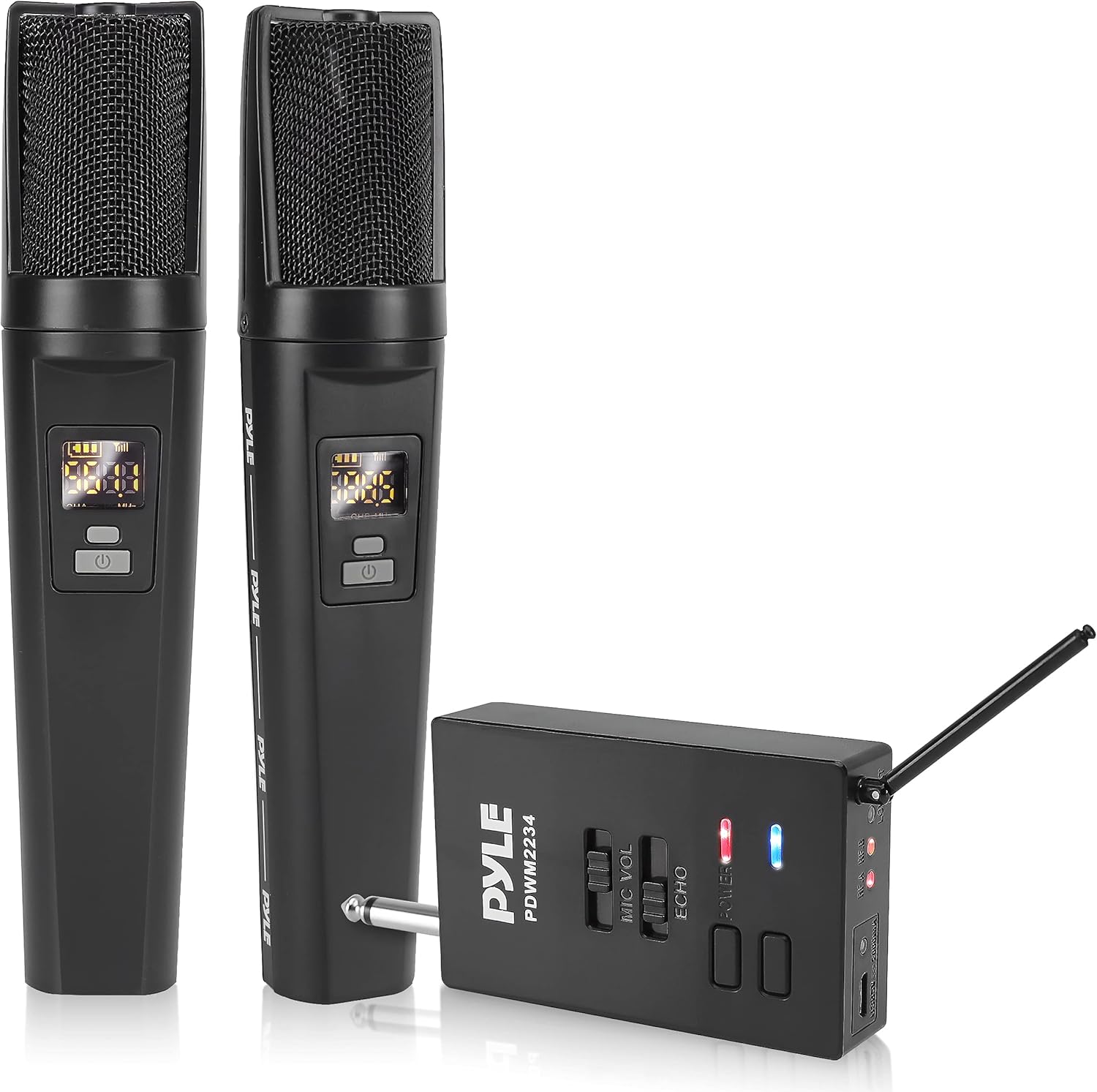 Portable Dual Wireless Microphone System with Rechargeable Battery, 2 Handheld Transmitter, 1 Receiver, Black M254132