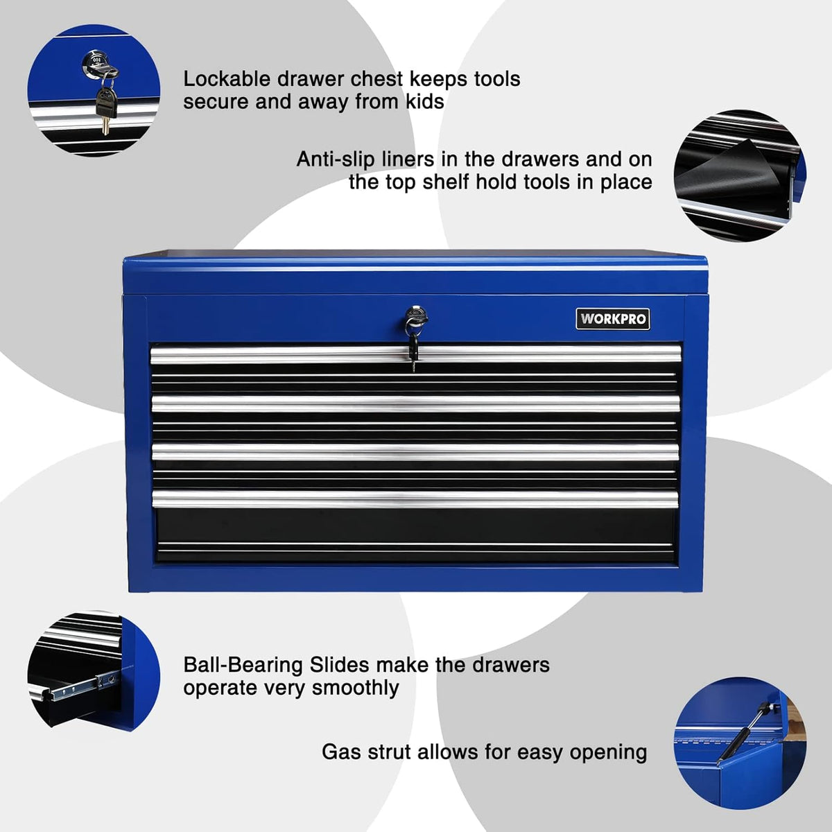 4-Drawer Metal Tool Storage Cabinet with Tray, Locking System, Drawer Liner X4439