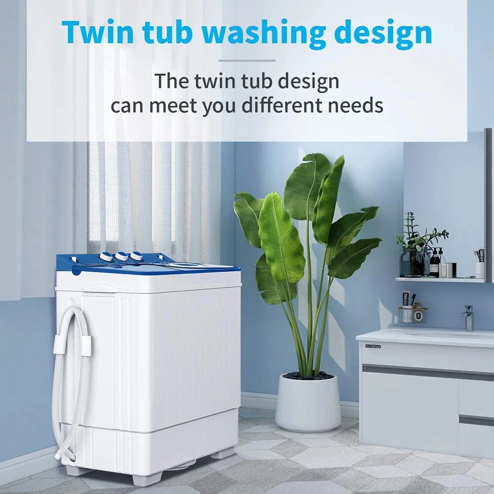 Semi-automatic Twin Tub Washing Machine with Built-in Drain Pump, 26Lbs, White&Blue H2835