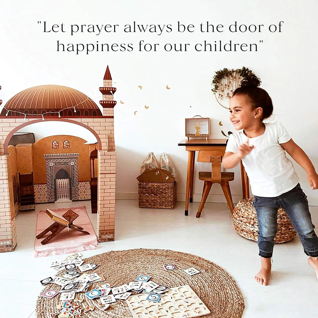 Portable Cardboard Playhouse Masjid for Muslim Kids Educational Interactive Toy with Prayer Mat G88524