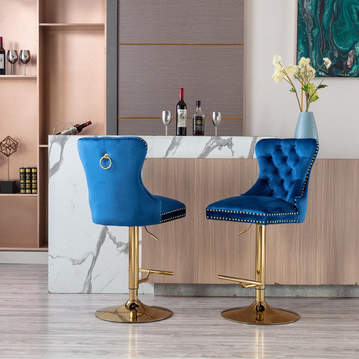 Blue Velvet Swivel Bar Stools Set Of 2 Adjustable Counter Height N6850