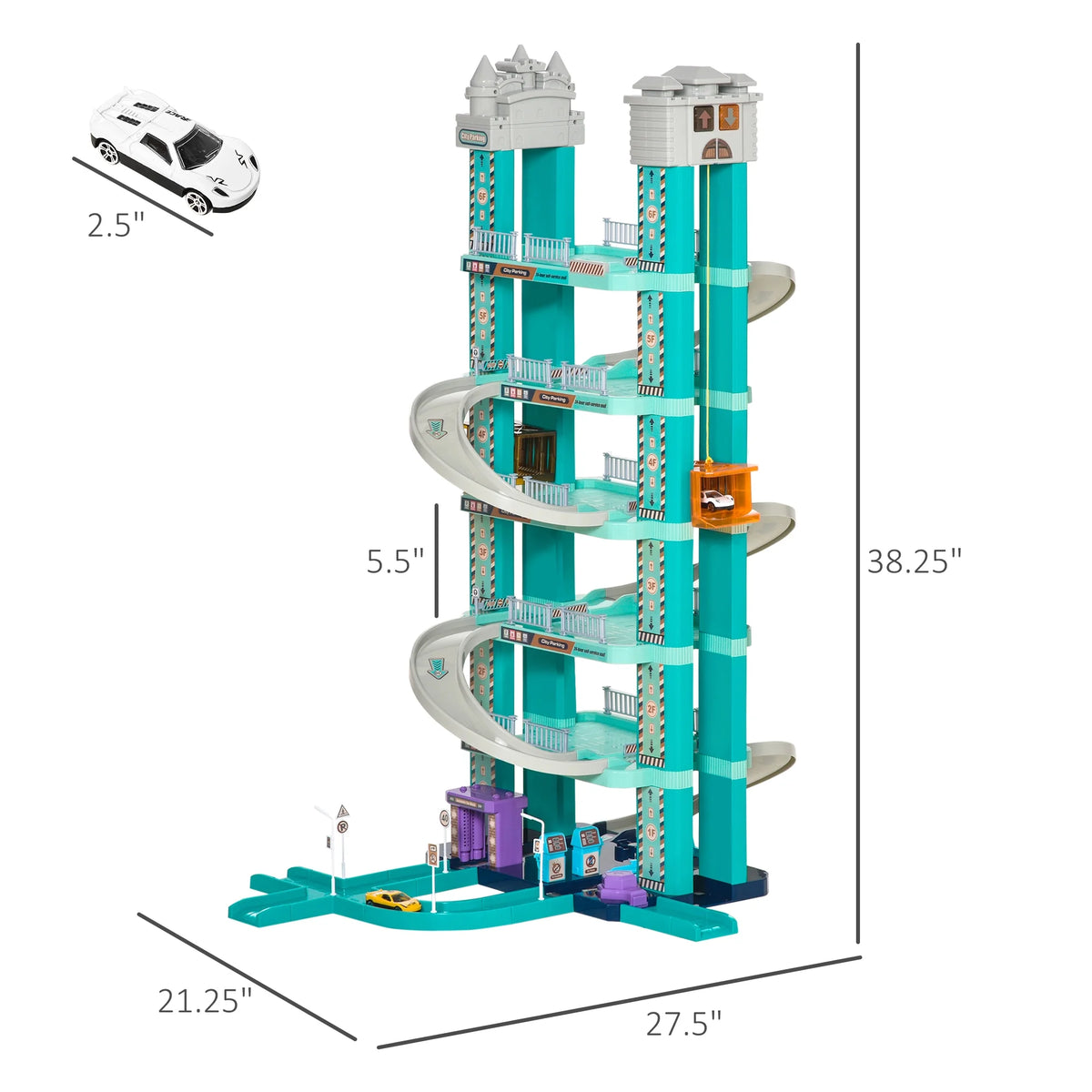 City Garage Playset with 98 Pieces Accessories Set, 6-Level Car Parking Playsets Toy with Manual and Electric Elevators Wash, Gas, Ejector & Car Repair Station P24561