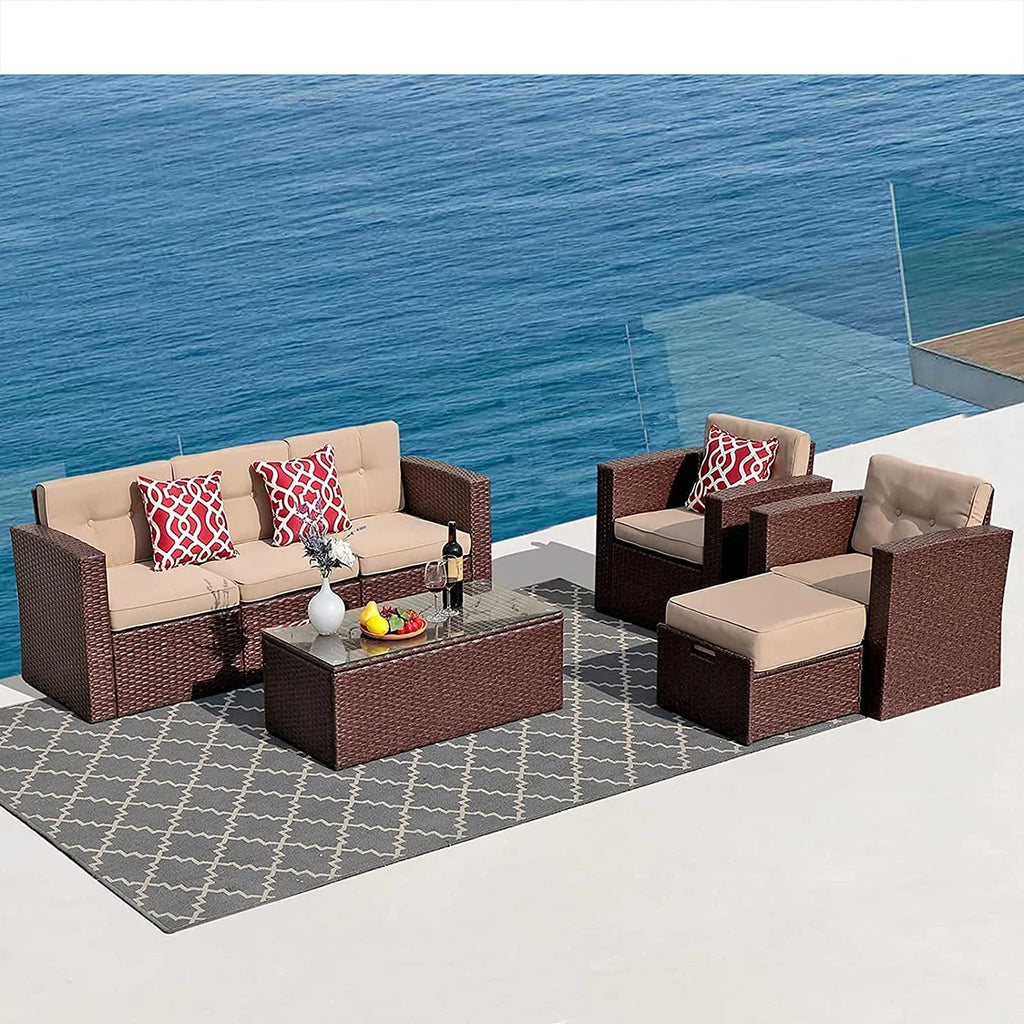 7 Piece PE Wicker Sofa Ottoman with 3 Red Pillows D9307