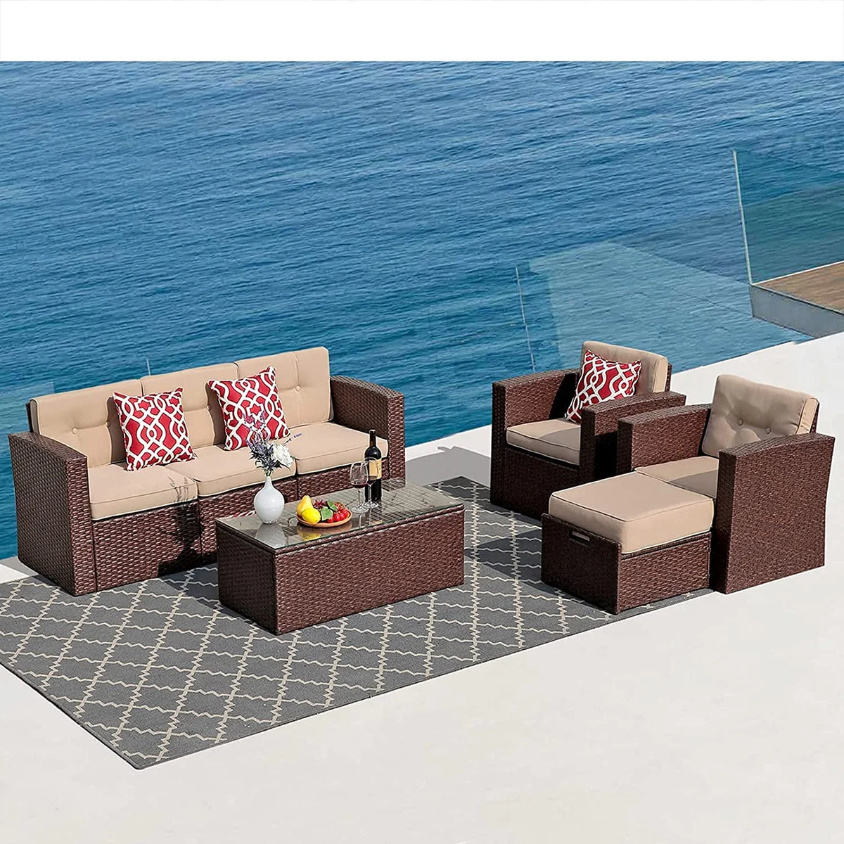 7 Piece PE Wicker Sofa Ottoman with 3 Red Pillows D9307