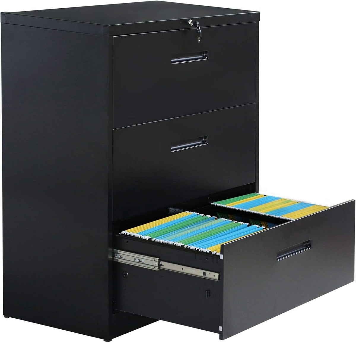 Black 3 Drawer Metal Lateral File Cabinet C907