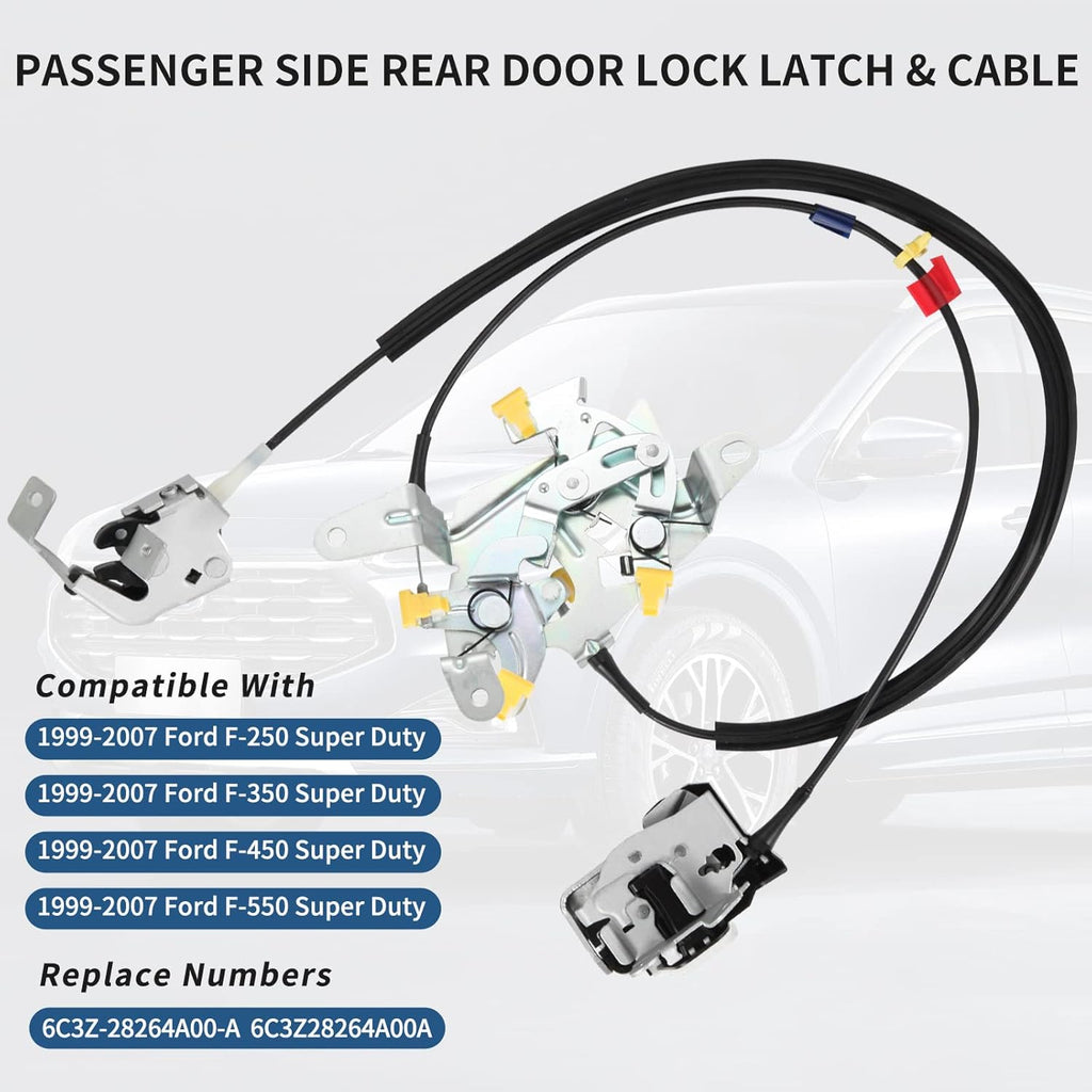 Right Passenger Side Rear Door Lock Latch & Cable for Ford F250 F350 F450 F550 Super Duty 1999-2007, Upper and Lower Latches Assembly, Pack of 2 E602