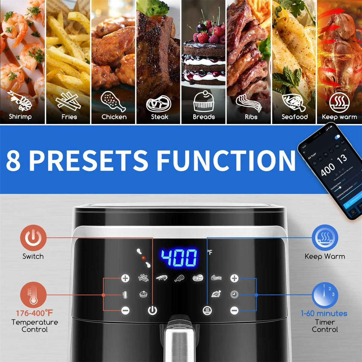 12-in-1 Smart WiFi Air Fryer 7.4 QT, Black F10244