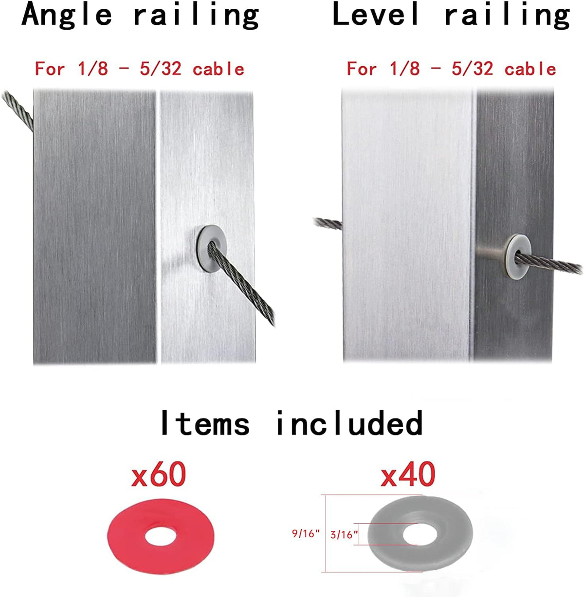 40Pack Cable Railing Kit Protector Sleeve Adhesive Grommet for 1/8 5/32 Wire Rope Wood Posts T316 Stainless Steel V770