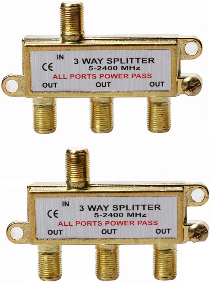 3-Way Coaxial Cable Splitter, 2.4 Ghz 5-2400 MHz, Gold Plated Connectors, 2-Pack V91377