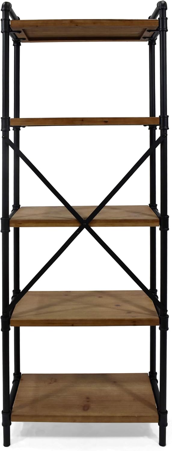 Industrial Iron 5 Shelf Firwood Bookcase, Gray and Pewter Finish H4816