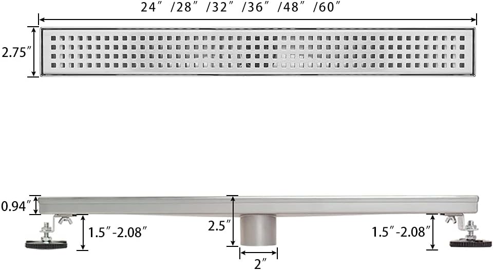 Brushed 304 Stainless Steel 12 inch Linear Shower Drain with Removable Grid Panel S16988