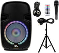 Active 10 Inch DJ Karaoke Party Speaker with Stand, Bluetooth, LED Lights, Microphone, Cable and Remote T46543