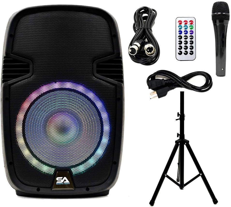 Active 10 Inch DJ Karaoke Party Speaker with Stand, Bluetooth, LED Lights, Microphone, Cable and Remote T46543