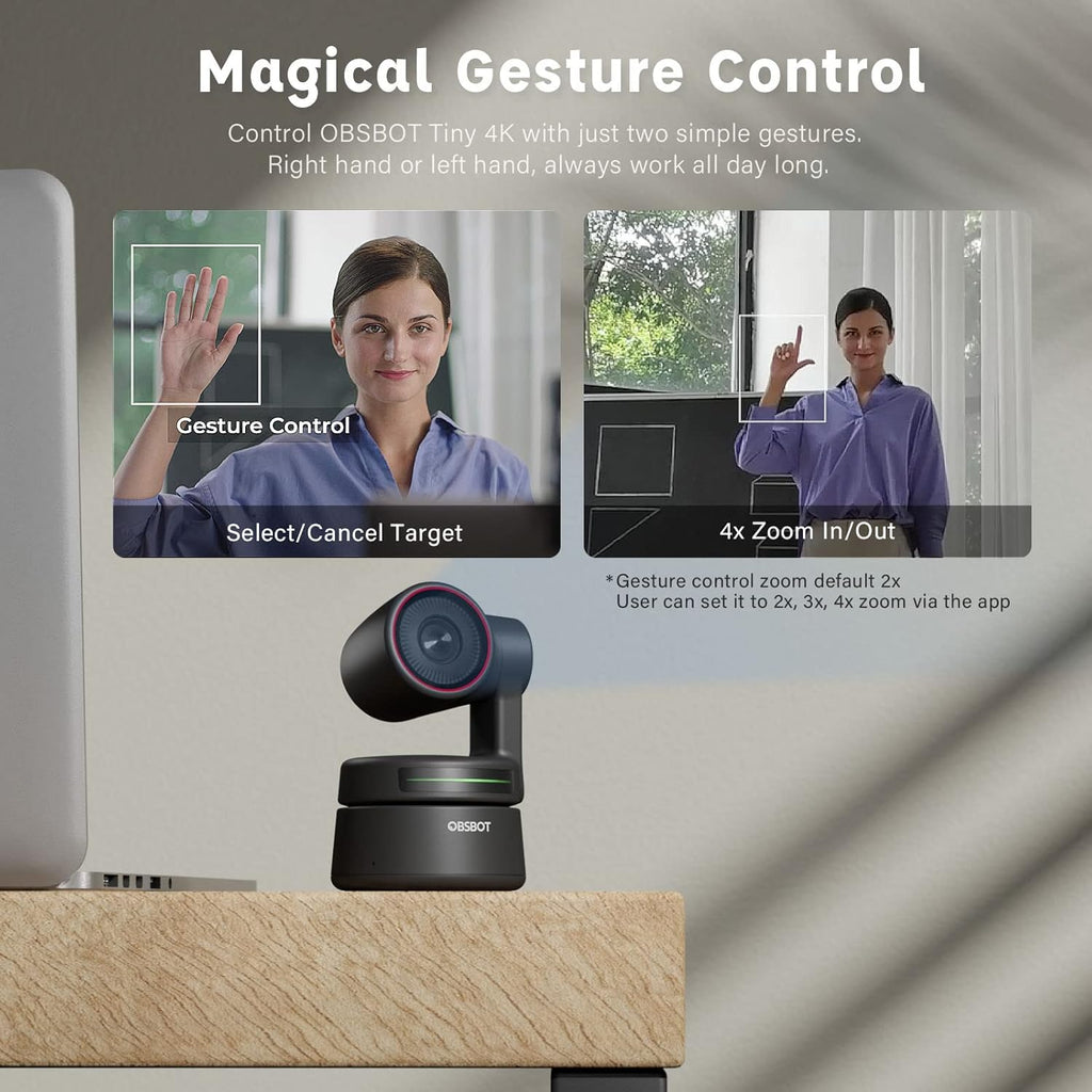 4K PTZ Webcam with AI-Tracking Auto-Framing Gesture Control HDR 4X Zoom Dual Omni-Directional Mic E7429