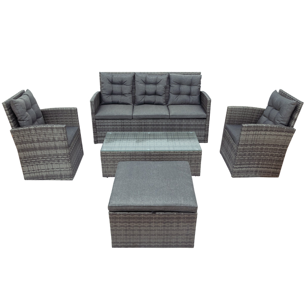 5 Piece Outdoor Patio Furniture Set with Storage Ottoman, 3 Seat Couch & 2 Arm Chairs, PE Wicker Sofa with Tempered Glass Table, Gray F966974