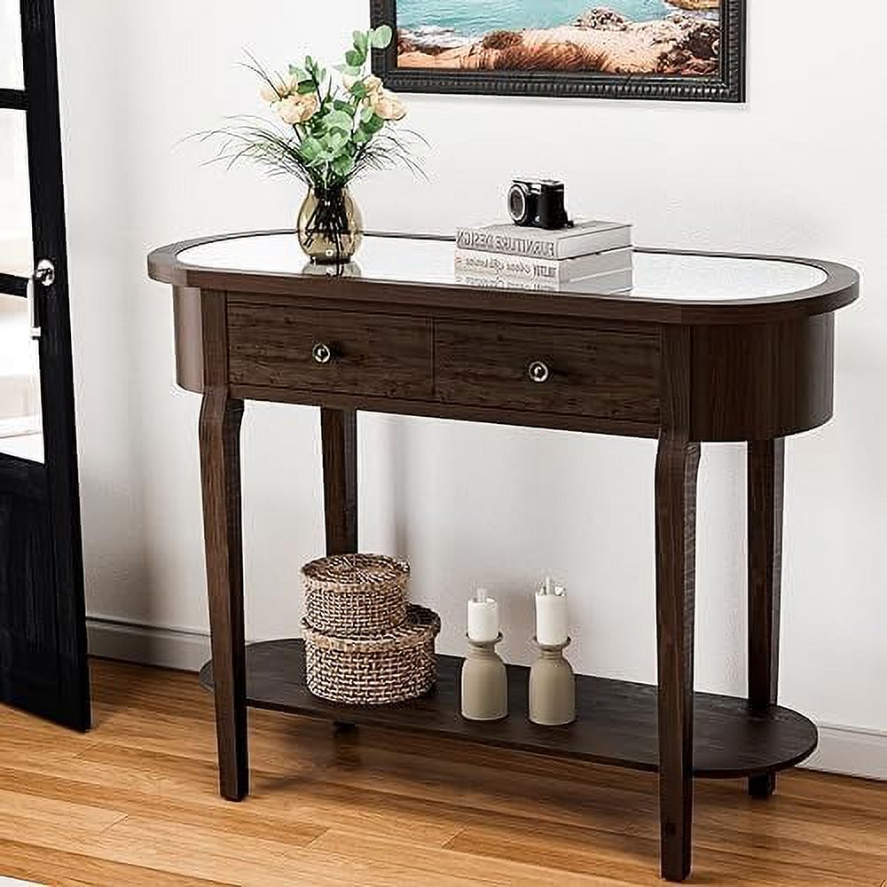 Half-Round Entryway Table with Solid MDF Board Glass Table Top Console Table 15.7" D x 40" W x 30.5" H J933