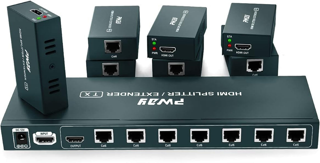 HDMI Extender Splitter 1x7 7 Port Over CAT5E/CAT6/CAT7 Ethernet Cable with HDMI Loop Out & POC Function & EDID Management, Up to 50m at 1080p 60Hz T7561