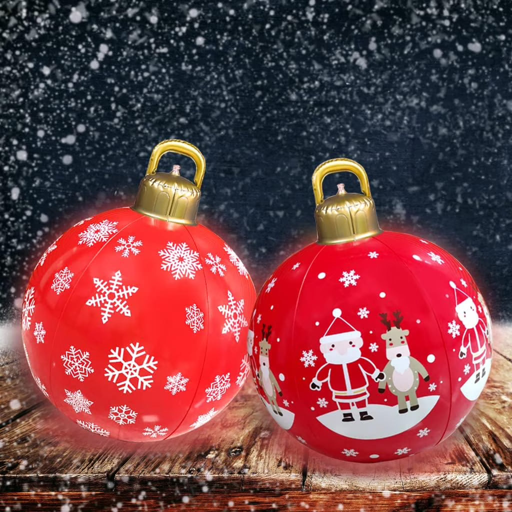 2 Pcs Light Up PVC Inflatable Christmas Ball 24 Inch Outdoor Decoration Q53501