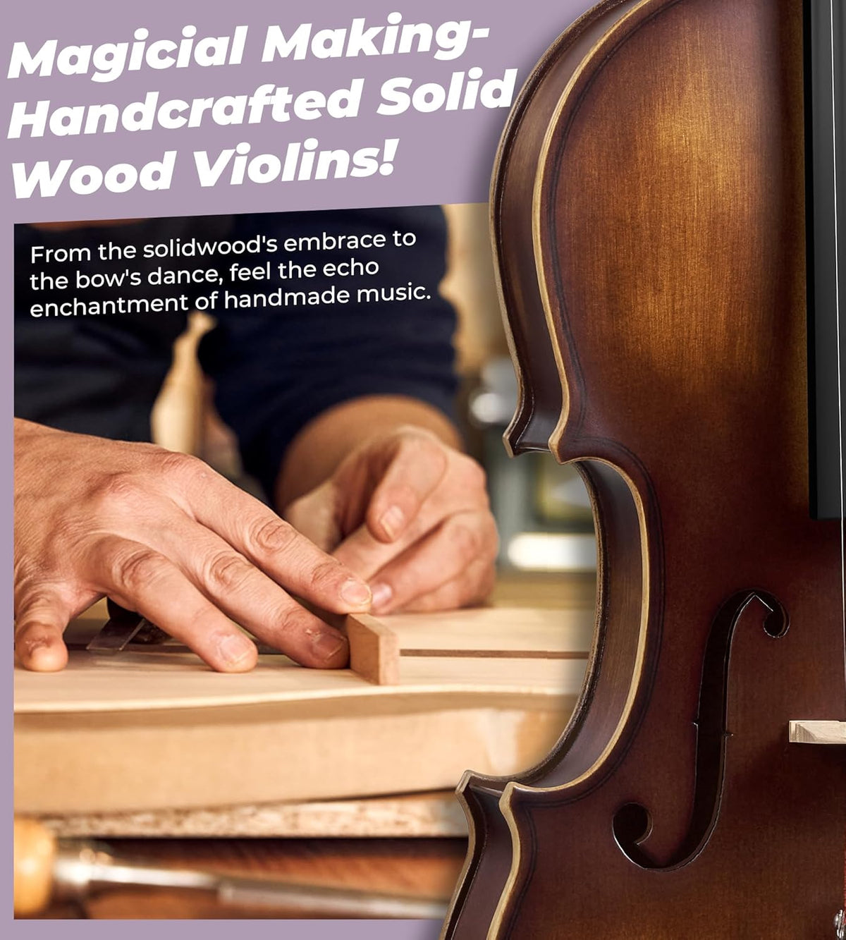 Solid Wood Violin 4/4 Full Size Set with Lightweight Hard Case D76857
