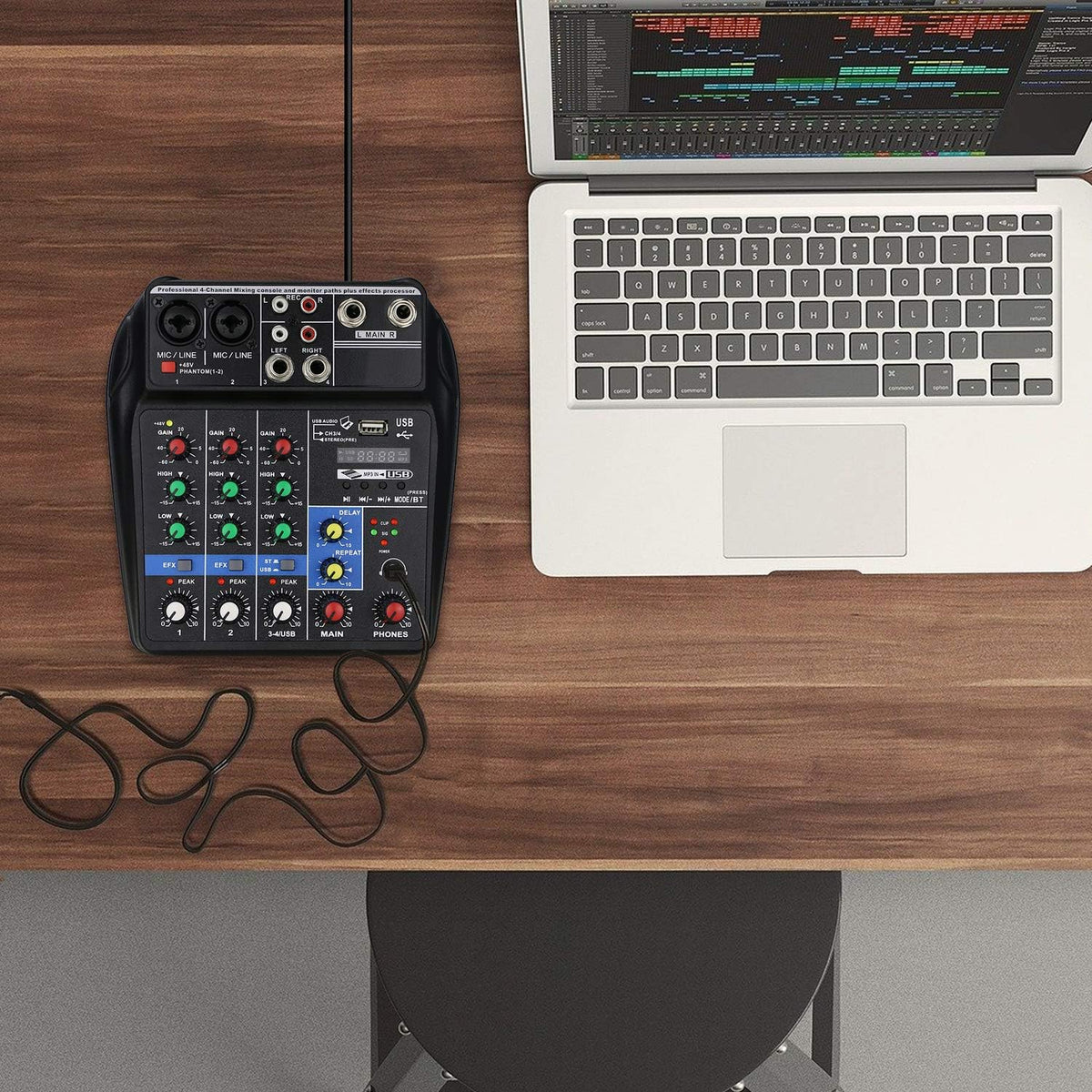 4 Channels Audio Mixer with Sound Card and 48V Phantom Power R9127