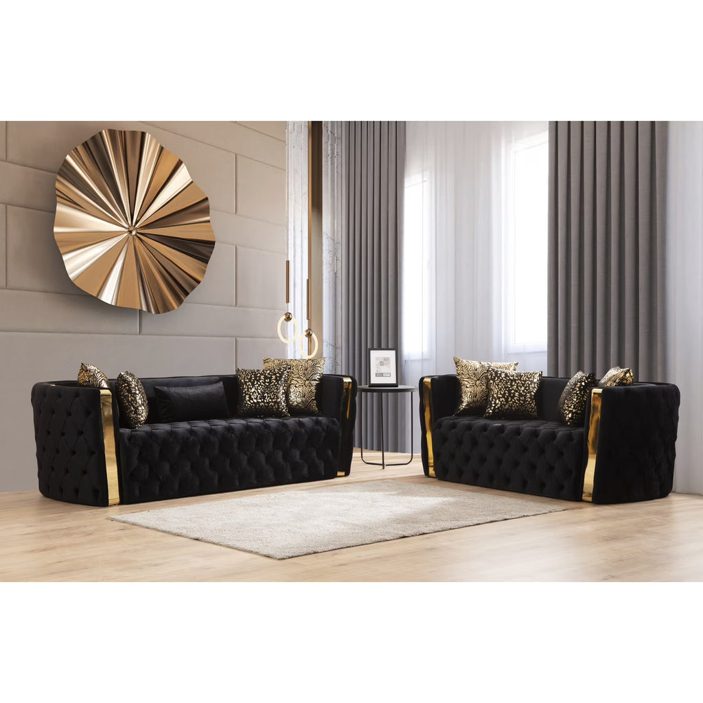 2 Pc Velvet Button Tufted Sofa Set in Black D7115
