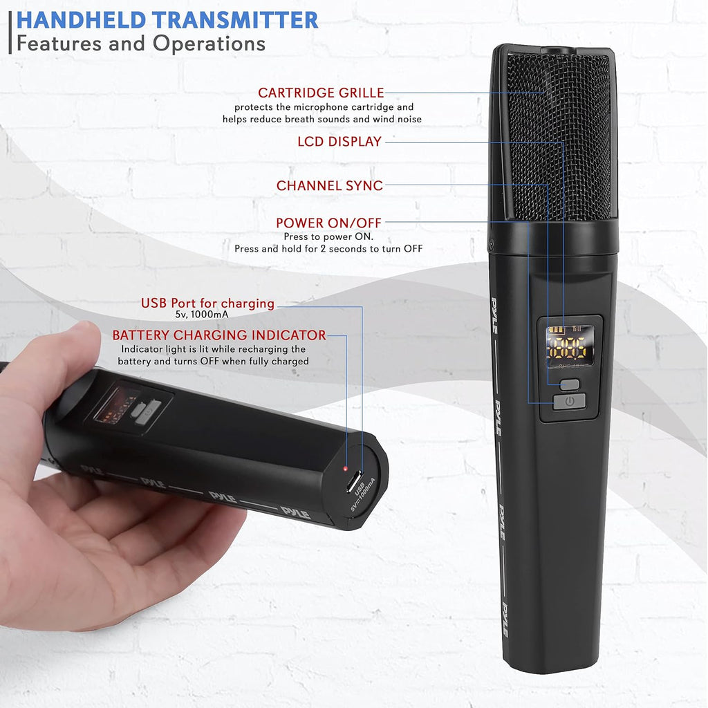 Portable Dual Wireless Microphone System with Rechargeable Battery, 2 Handheld Transmitter, 1 Receiver, Black M254132