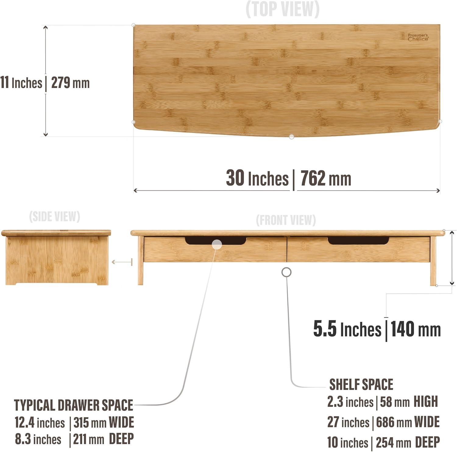 Bamboo TV/Monitor Stand and Riser with Dual Pull-Out Drawers, Extra Long 30” L112075