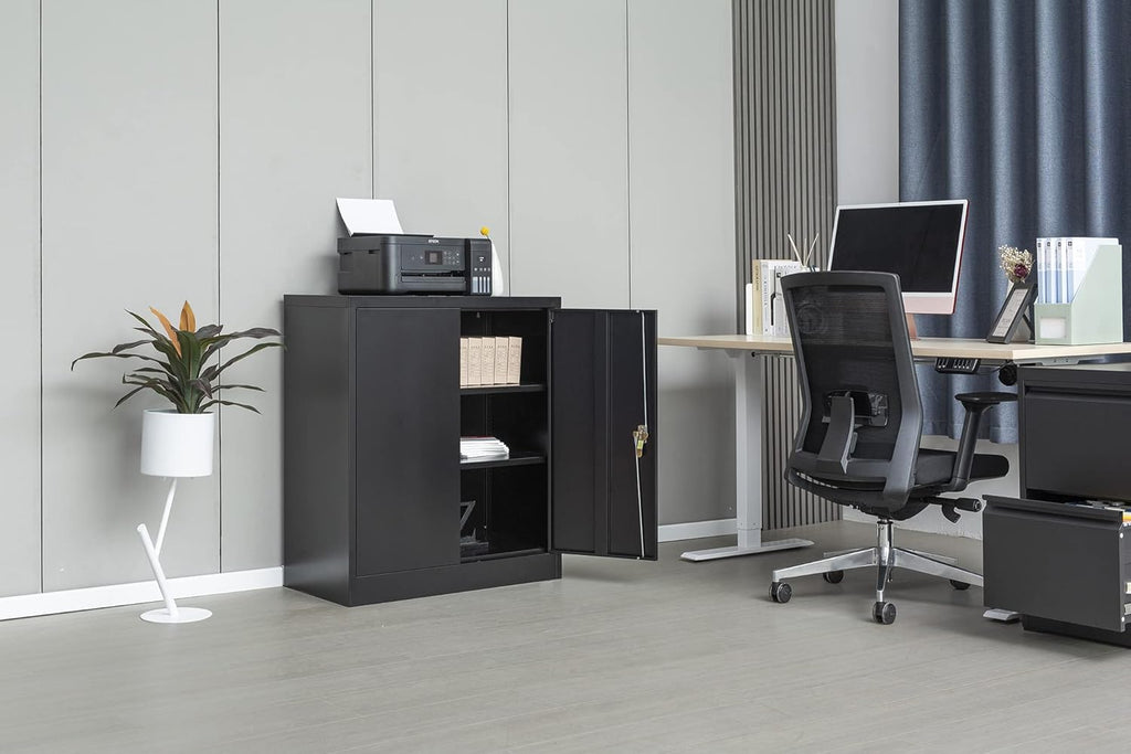 Metal Storage Cabinet with 2 Shelves and 2 Doors, Steel Locking Cabinet, 36.2 H x 31.5 W x 15.7 D (Black) F28634