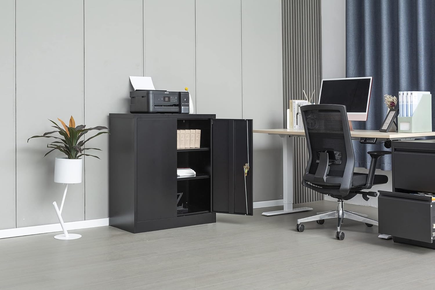 Metal Storage Cabinet with 2 Shelves and 2 Doors, Steel Locking Cabinet, 36.2 H x 31.5 W x 15.7 D (Black) F28634