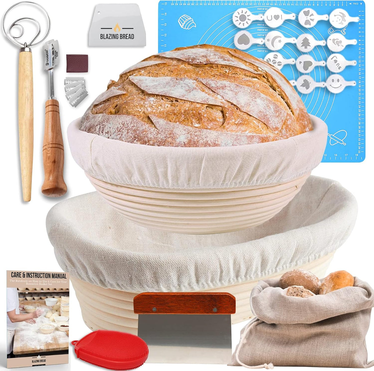 Round & Oval Proofing Baskets with Lame Whisk Dough Scraper, 100% Natural Rattan Cane L932898