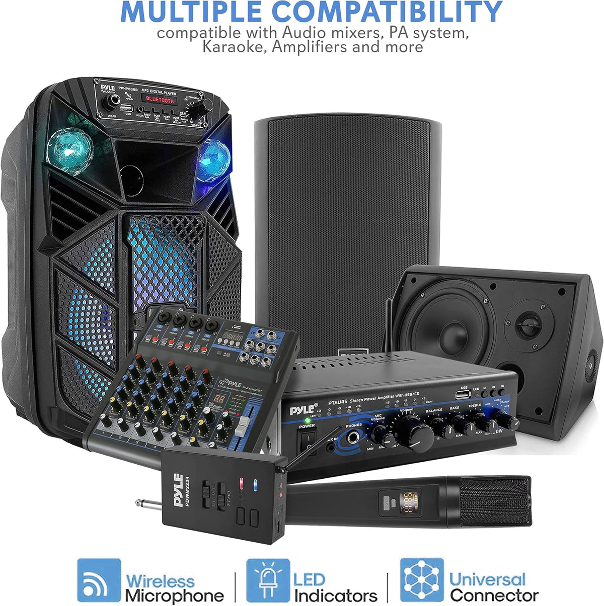 Portable Dual Wireless Microphone System with Rechargeable Battery, 2 Handheld Transmitter, 1 Receiver, Black M254132