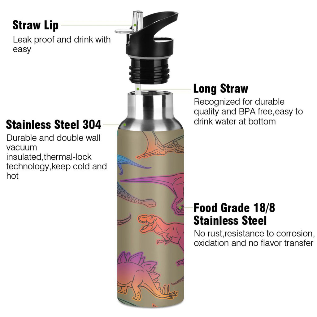 Colorful Dinosaur Stainless Steel Insulated Water Bottle with Straw Lid T835