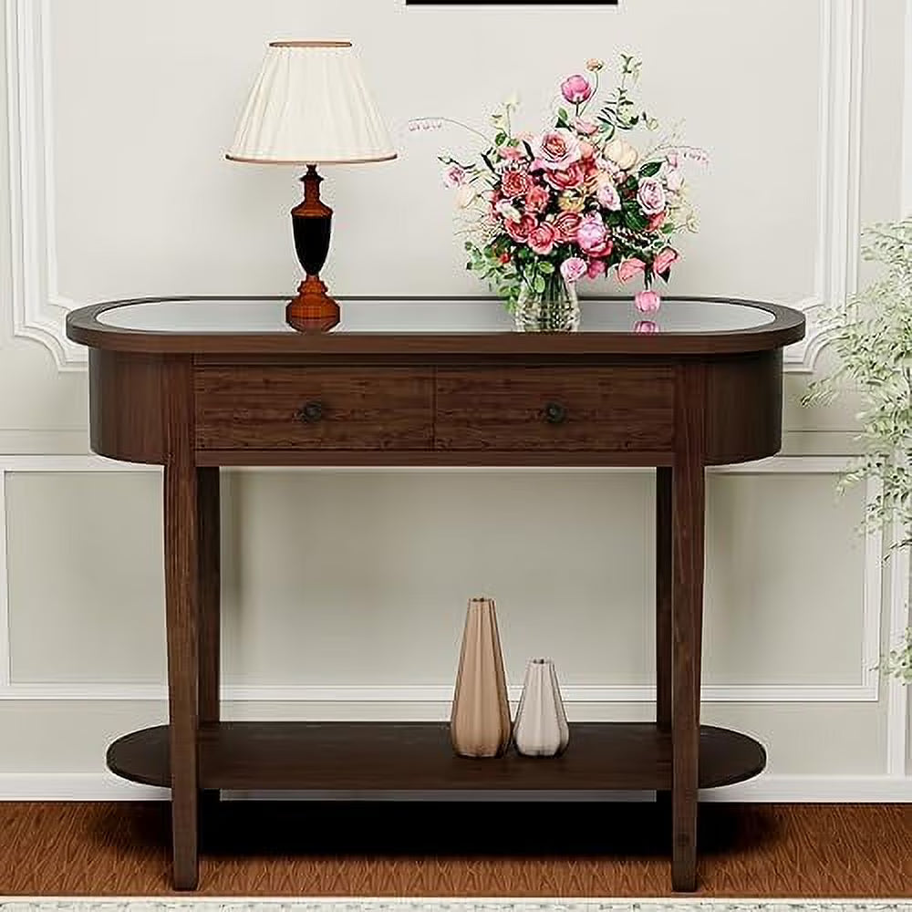 Half-Round Entryway Table with Solid MDF Board Glass Table Top Console Table 15.7" D x 40" W x 30.5" H J933