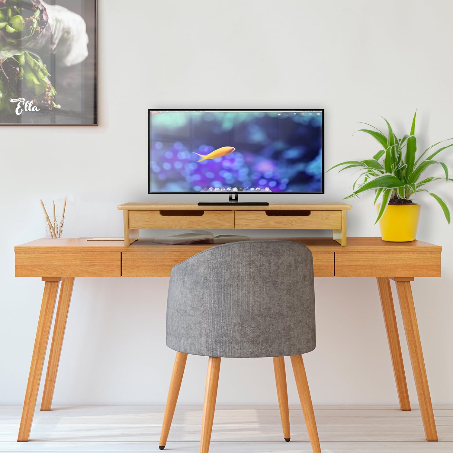 Bamboo TV/Monitor Stand and Riser with Dual Pull-Out Drawers, Extra Long 30” L112075