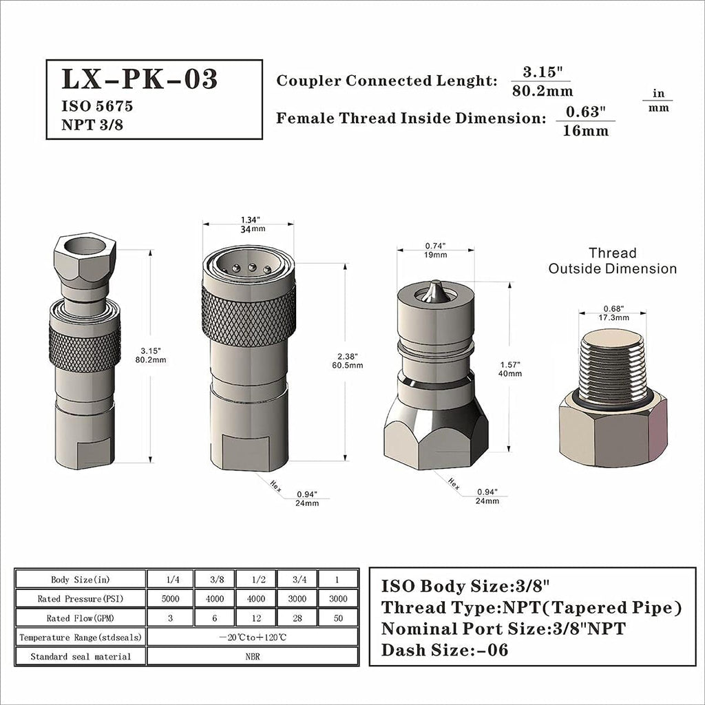 2-Sets 1/4'' Ag ISO5675 Carbon Steel Hydraulic Quick Disconnect Coupling with Dust Cap O966