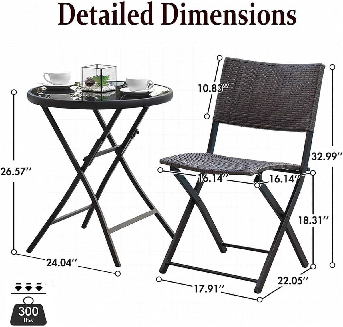 3 Pieces Wicker Patio Bistro Set with Folding Round Table and Chairs S97586