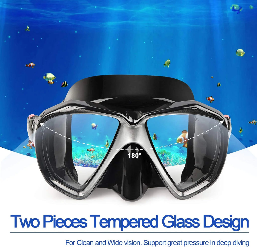 Snorkel Diving Mask with Tempered Anti-Fog Lens and Silicone Skirt Strap V6832
