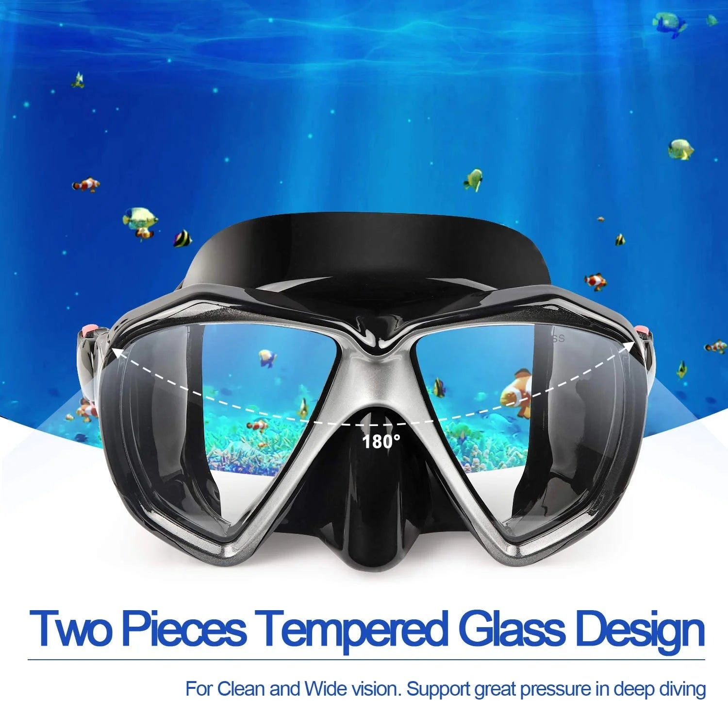 Snorkel Diving Mask with Tempered Anti-Fog Lens and Silicone Skirt Strap V6832
