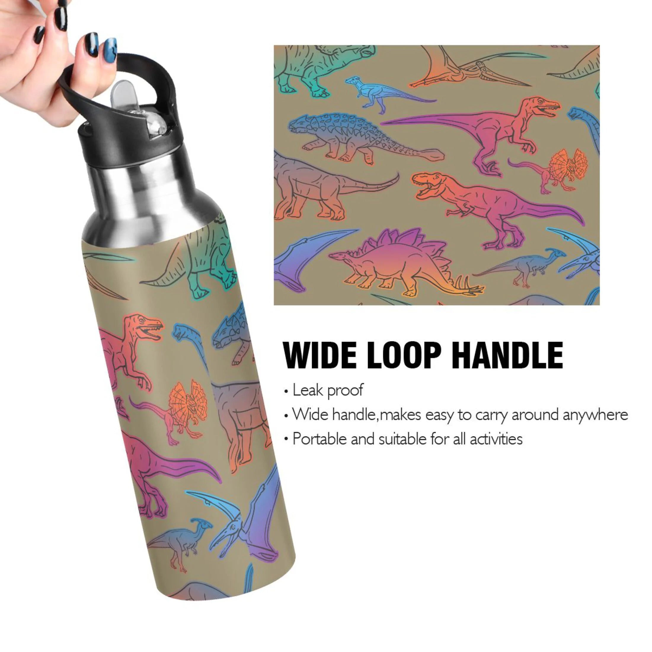 Colorful Dinosaur Stainless Steel Insulated Water Bottle with Straw Lid T835