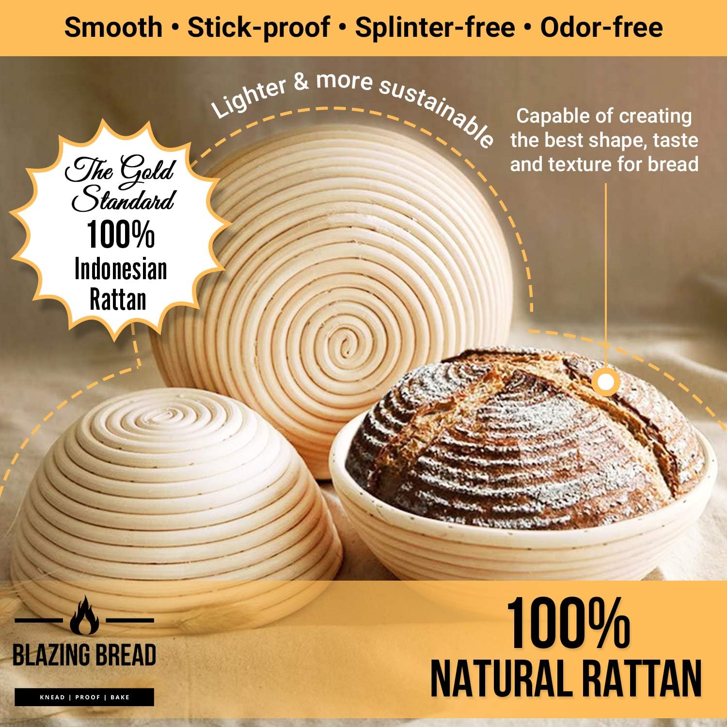 Round & Oval Proofing Baskets with Lame Whisk Dough Scraper, 100% Natural Rattan Cane L932898
