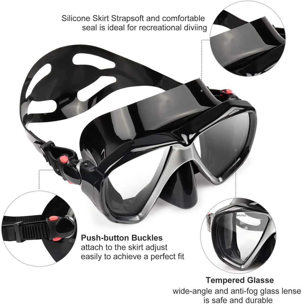 Snorkel Diving Mask with Tempered Anti-Fog Lens and Silicone Skirt Strap V6832