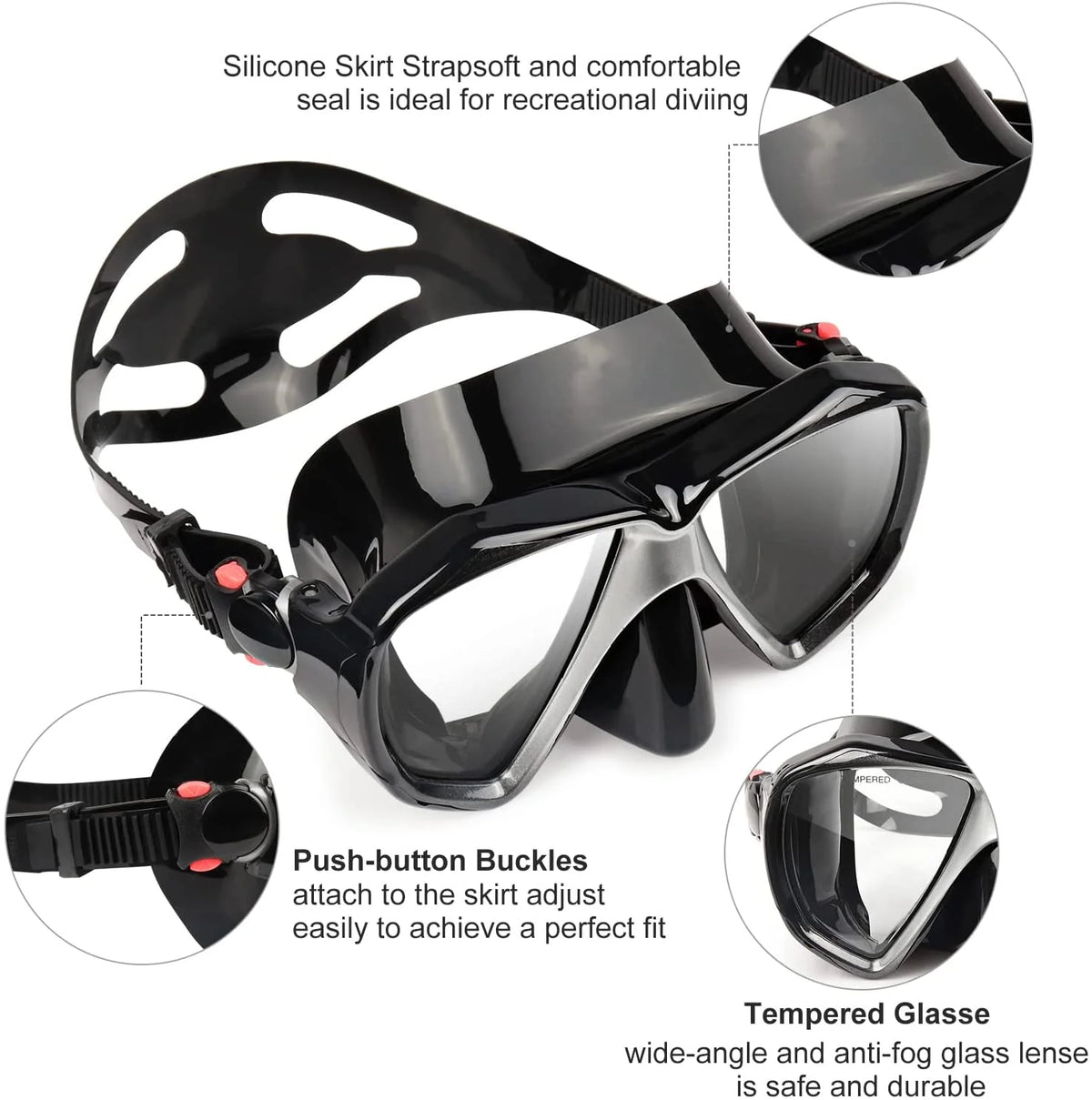 Snorkel Diving Mask with Tempered Anti-Fog Lens and Silicone Skirt Strap V6832