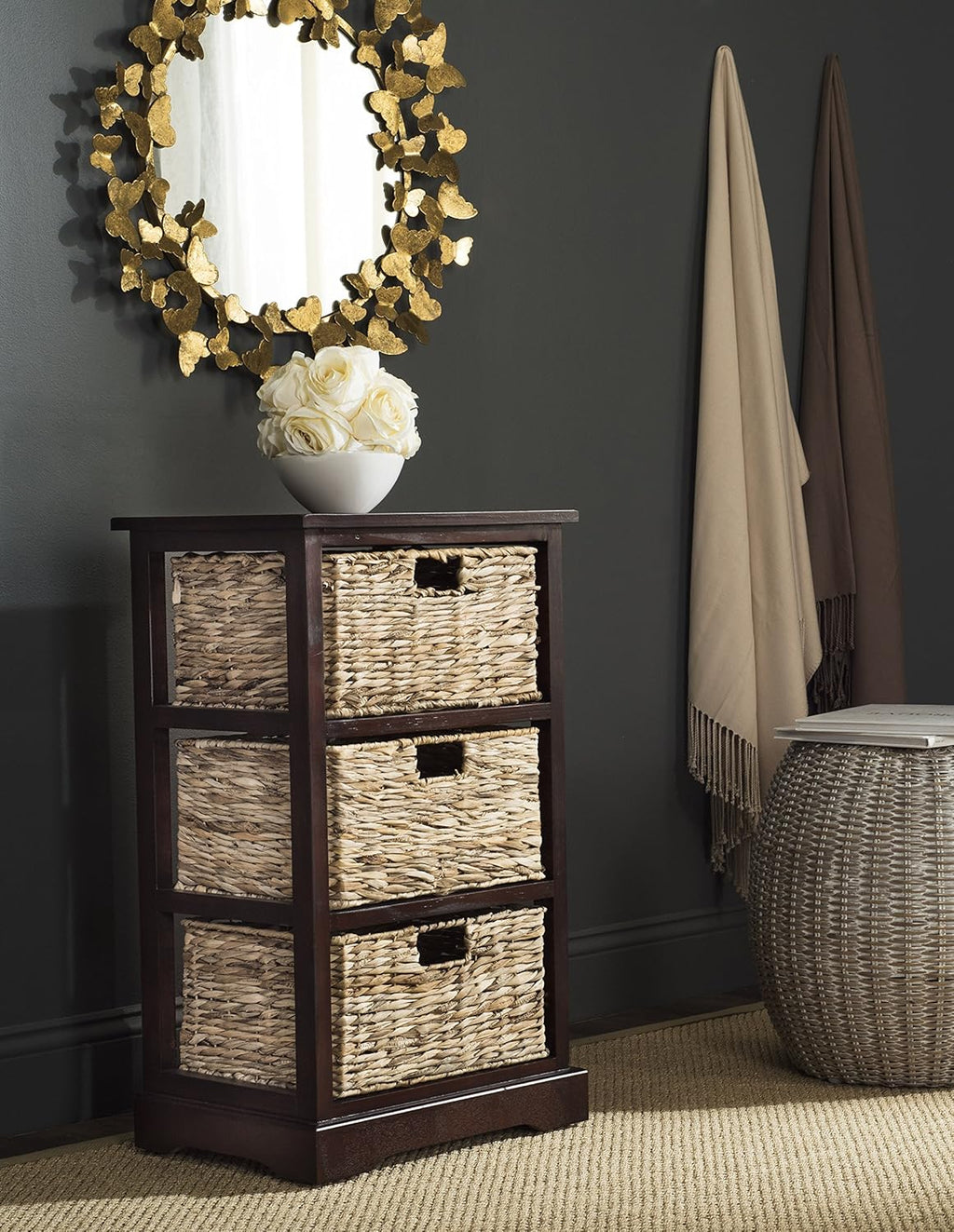 Distressed Black Wicker Basket Storage Side Table A75248