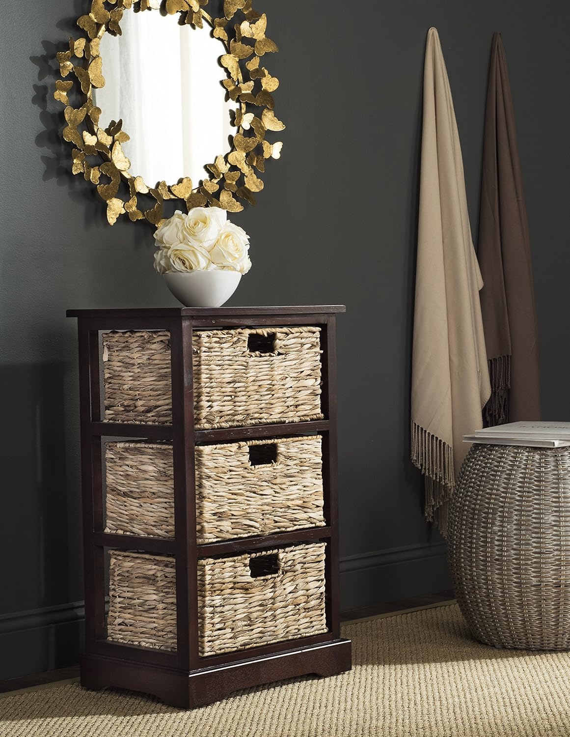 Distressed Black Wicker Basket Storage Side Table A75248