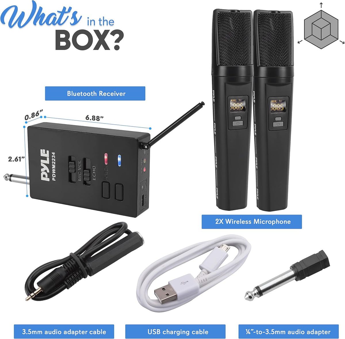 Portable Dual Wireless Microphone System with Rechargeable Battery, 2 Handheld Transmitter, 1 Receiver, Black M254132