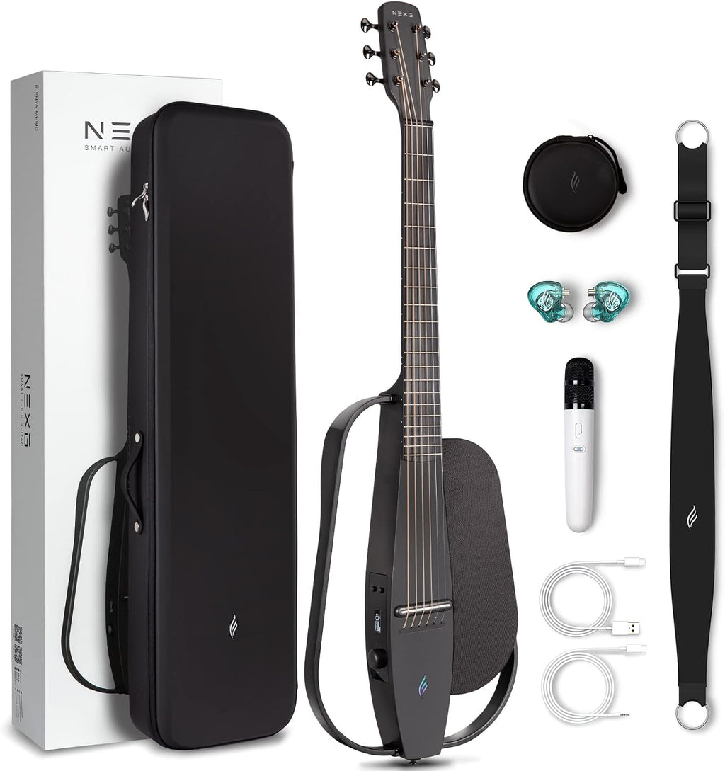 Carbon Fiber Acoustic-Electric Guitar with 50W Wireless Speaker, Preamp, Wireless Microphone, Hi-Fi Monitor Earphones, Strap, and Case (Black) O39488