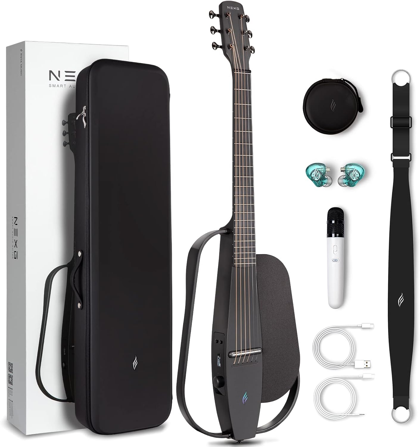 Carbon Fiber Acoustic-Electric Guitar with 50W Wireless Speaker, Preamp, Wireless Microphone, Hi-Fi Monitor Earphones, Strap, and Case (Black) O39488