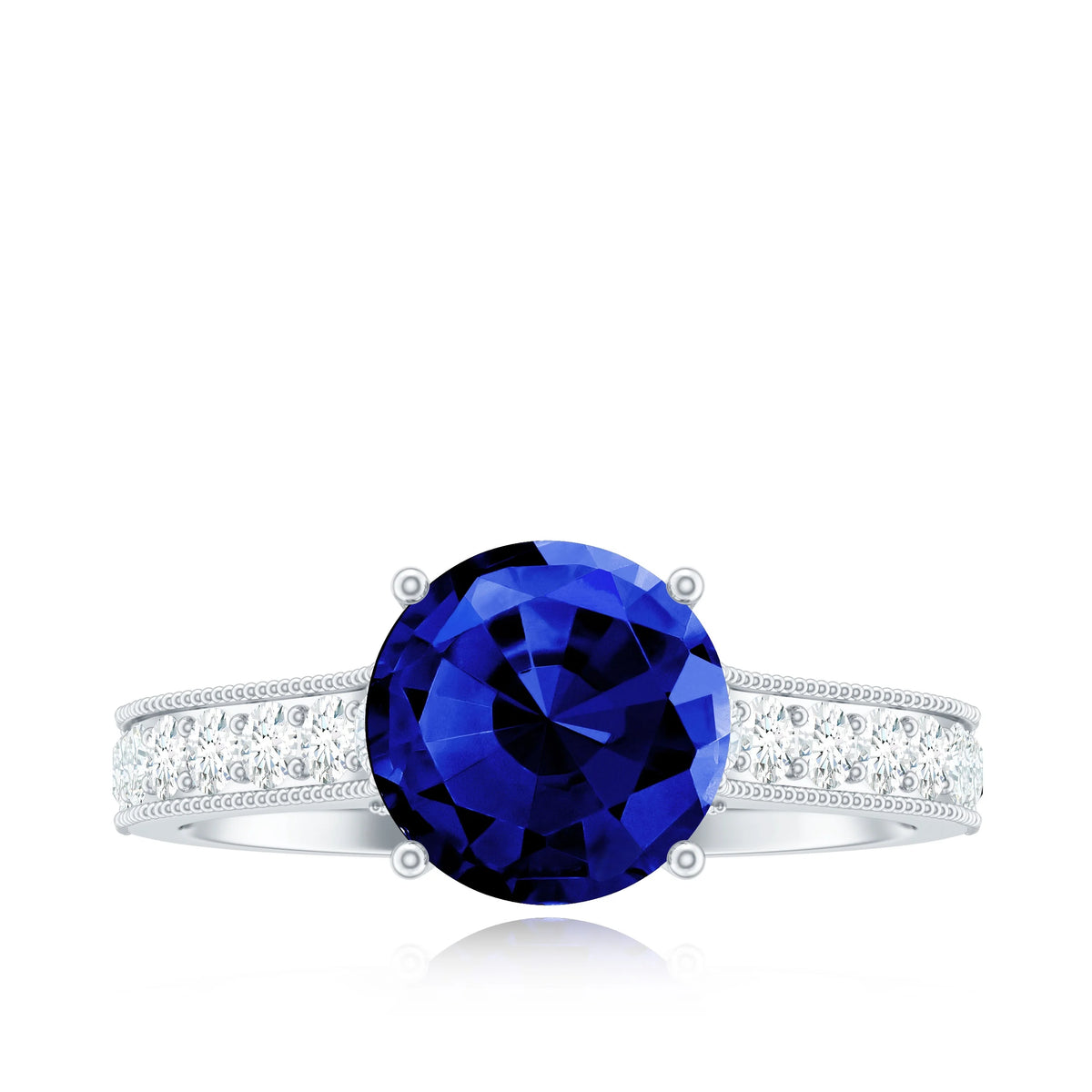 Created Blue Sapphire Solitaire Engagement Ring with Diamond, 925 Sterling Silver G95609