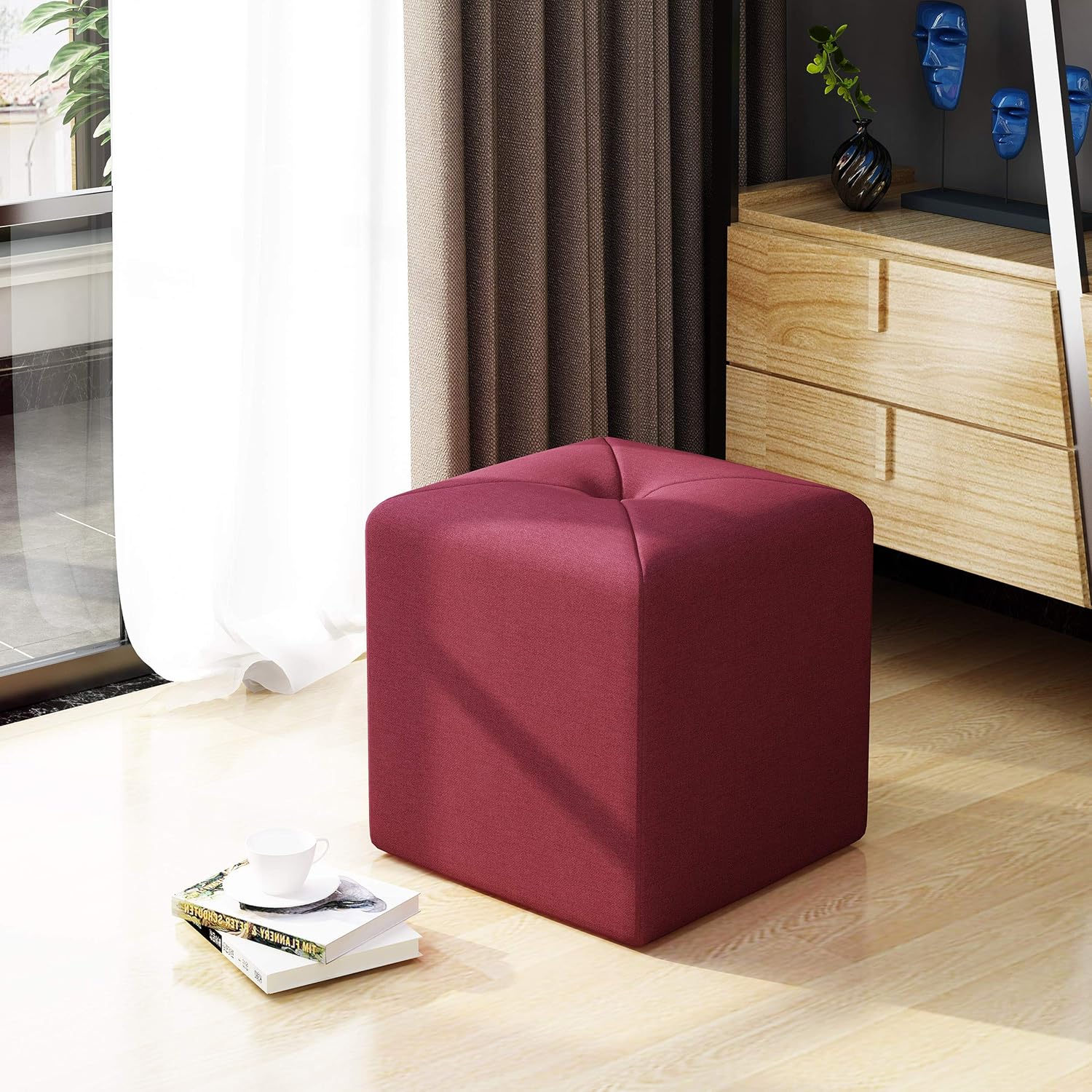 Deep Red Fabric Square Ottoman Pack of 2 A1081