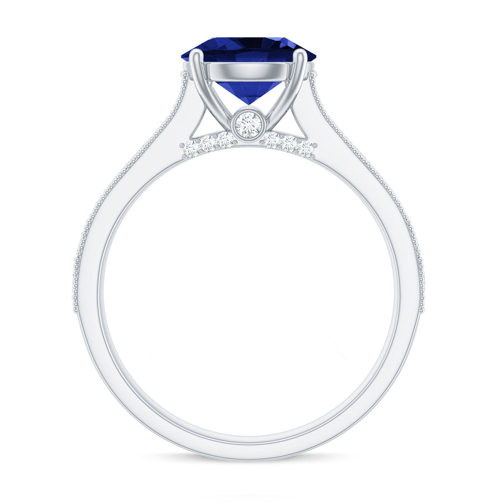 Created Blue Sapphire Solitaire Engagement Ring with Diamond, 925 Sterling Silver G95609